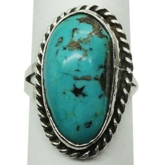 Southwestern Oval Turquoise Solitaire Split Shank Ring Sterling Silver Sz 7.25 - Picture 1 of 5